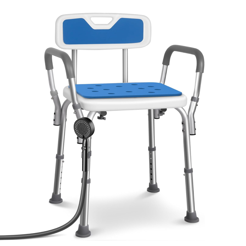 Silla de Ducha con Respaldo y Reposabrazos Altura Regulable y Patas Antideslizantes