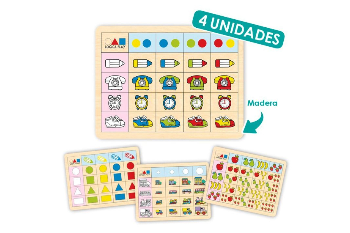 Set de lógica Play 1 con 4 bandejas de madera Akros