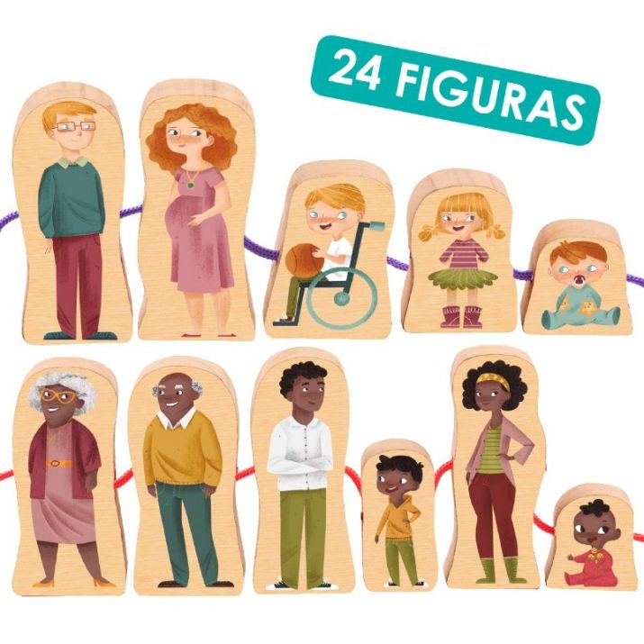 Familias del mundo para enlazar – Akros: juego de madera para motricidad fina, diversidad y juego simbólico