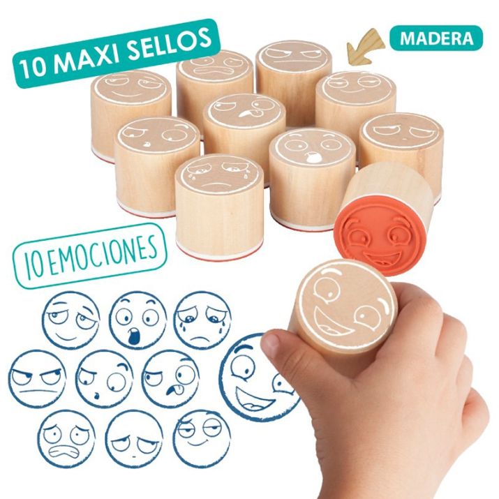 Maxi sellos de madera: Las 10 emociones – Akros | Juego para reconocer y expresar emociones