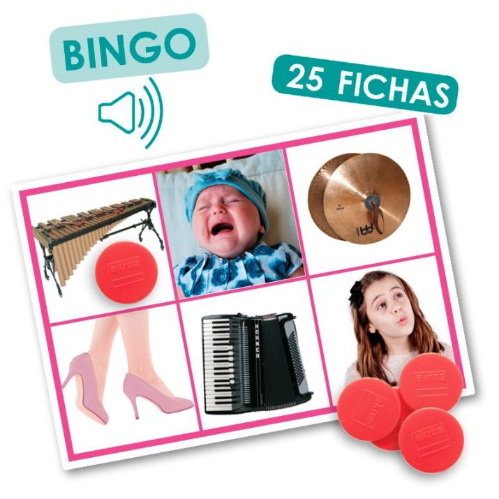 Bingo de sonidos de acciones e instrumentos musicales – Akros: juego auditivo para discriminación de sonidos y vocabulario