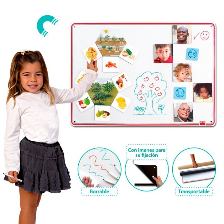 Pizarra metálica enrollable y borrable – Akros: soporte magnético para rutinas, pictogramas y aprendizaje visual