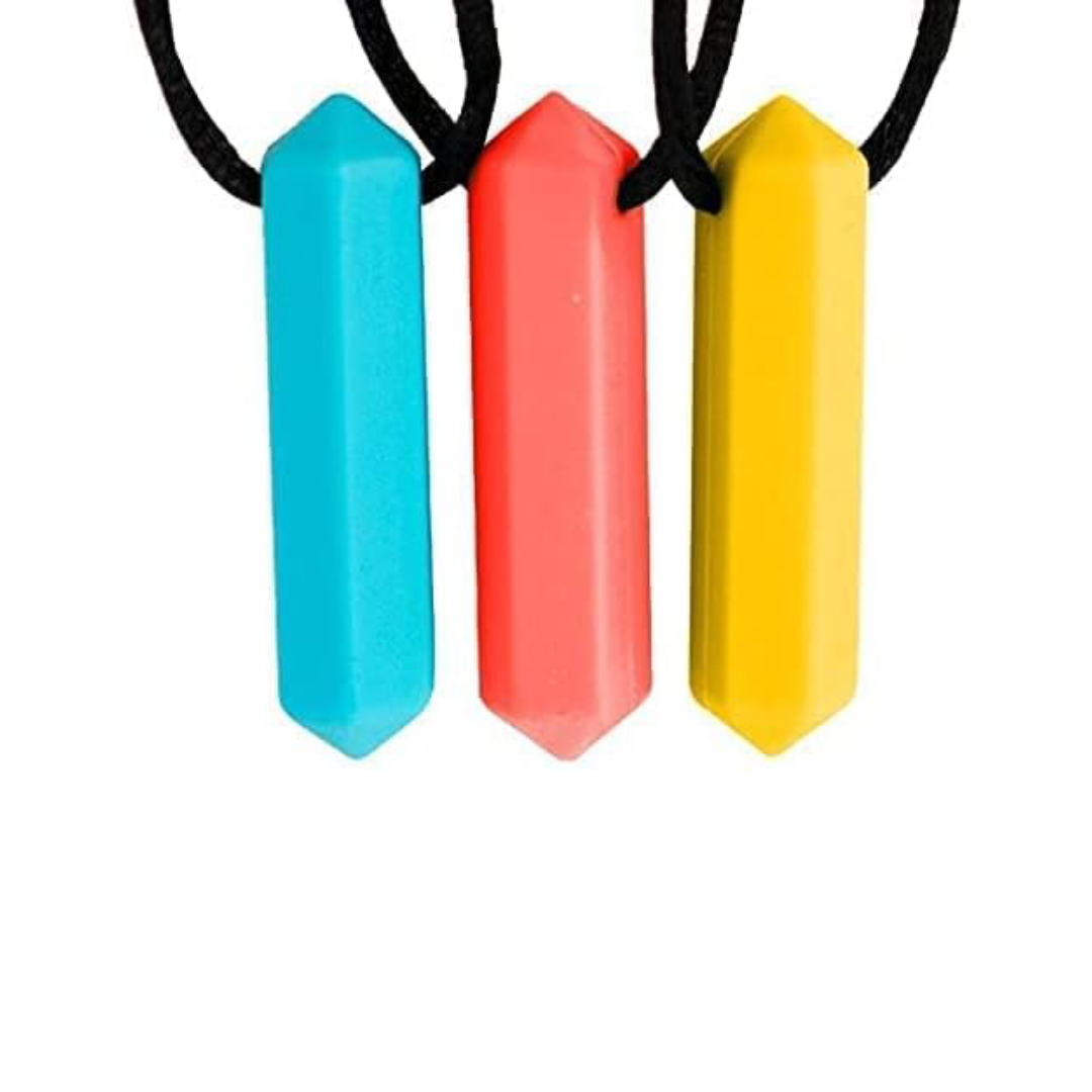 Collar mordedor sensorial Tilcare Chew Chew: pack de 3 colgantes tipo lápiz azul, turquesa y verde